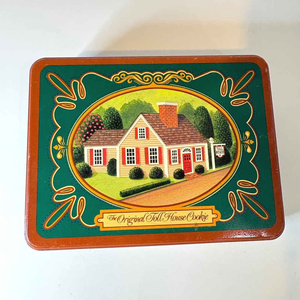 Vintage Nestle Original Toll House Cookie Tin Green Orange Historic Inn Graphic
